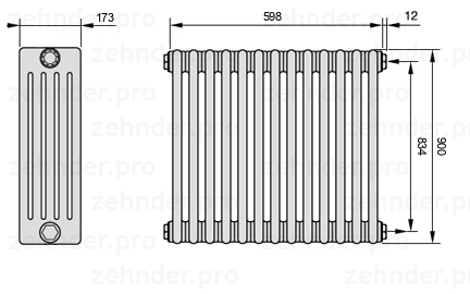 Схема (чертеж) Радиатор Zehnder Charleston 5090/13 №7610 Белый глянцевый RAL 9016
